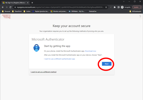 (Image of Microsoft Authenticator screen with Next button circled in red)