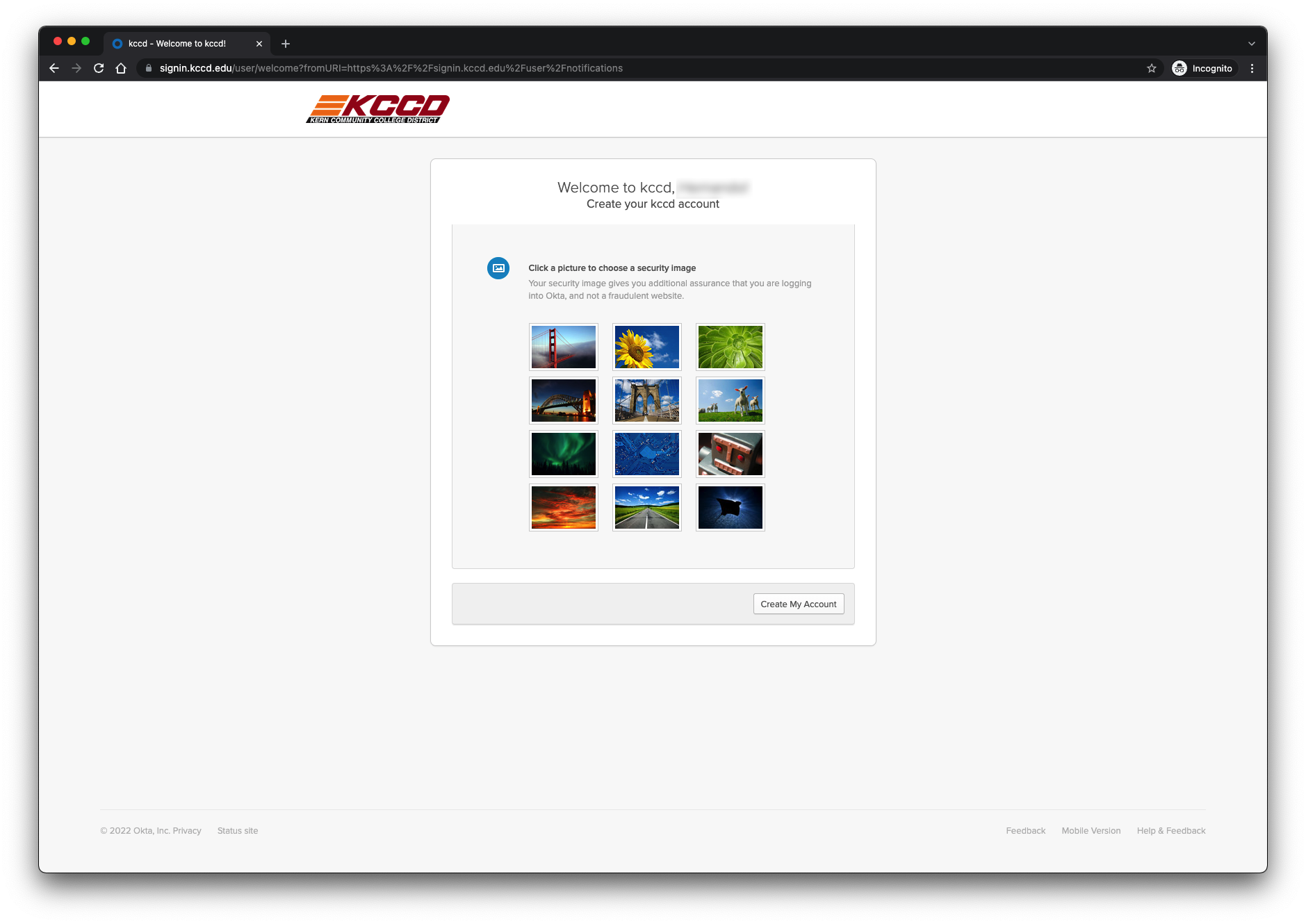 Image of Okta Setup selecting security image